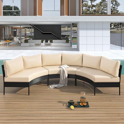 3-Piece Half Moon Patio Furniture Set with Cushions, All Weather Rattan Curved Outdoor Sofa Conversation Group Seatings for Balcony Front Porch Backyard Deck Lawn, Beige