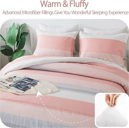 Andency Stripe Comforter Set Queen Size (90x90 Inch), 3 Pieces Pink Patchwork Striped Comforter, Soft Microfiber Down Alternative Comforter Bedding Set with Corner Loops
