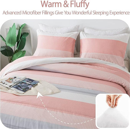 Andency Stripe Comforter Set Full Size (79x90 Inch), 3 Pieces Pink Patchwork Striped Comforter, Soft Microfiber Down Alternative Comforter Bedding Set with Corner Loops