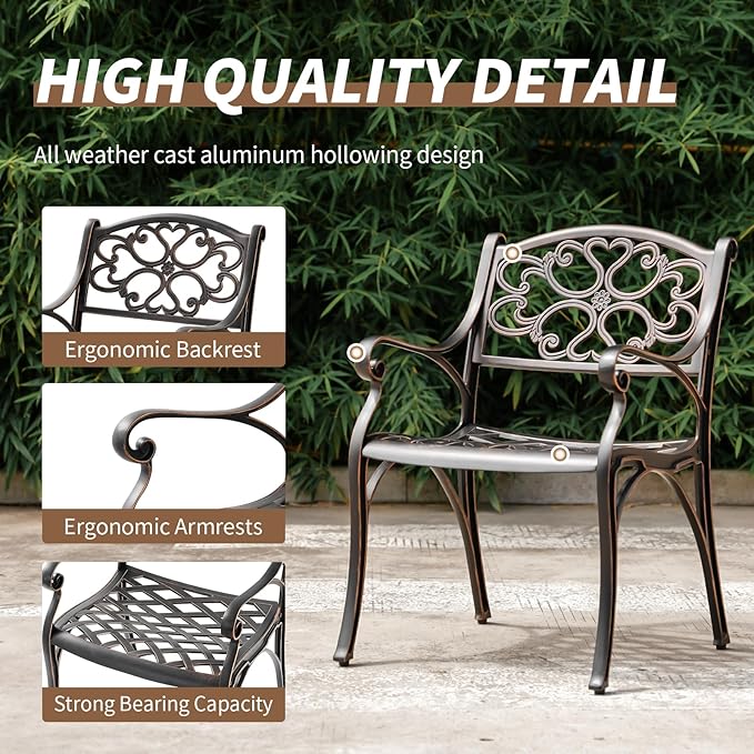 Cast Aluminum Patio Dining Set, Outdoor Bistro Set, 31.5"" Round Patio Table with Umbrella Hole, 2 Patio Chairs for Yard Porch Garden Balcony, Bronze 4
