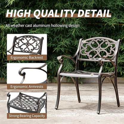 Cast Aluminum Patio Dining Set, Outdoor Bistro Set, 31.5"" Round Patio Table with Umbrella Hole, 2 Patio Chairs for Yard Porch Garden Balcony, Bronze 4