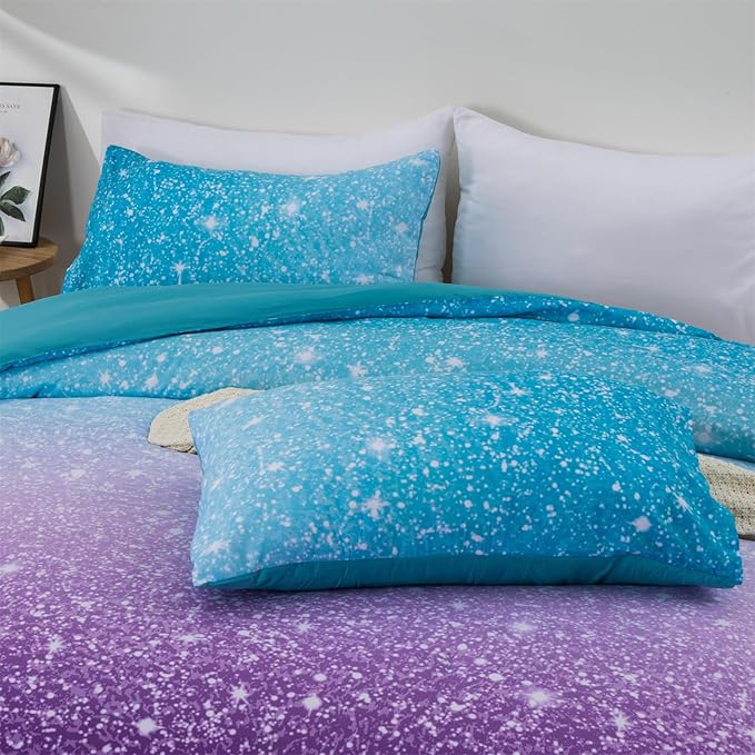 Holawakaka Kids Space Star Glitter Comforter Set Queen Size Girls Ombre Blue & Purple Print Gradient Teens Bedding Set Teens Galaxy Bed Sets (Blue Purple, Queen)
