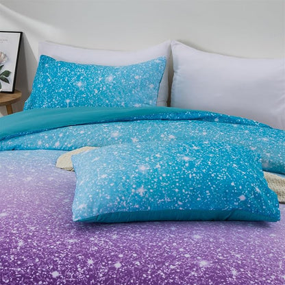 Holawakaka Kids Space Star Glitter Comforter Set Queen Size Girls Ombre Blue & Purple Print Gradient Teens Bedding Set Teens Galaxy Bed Sets (Blue Purple, Queen)