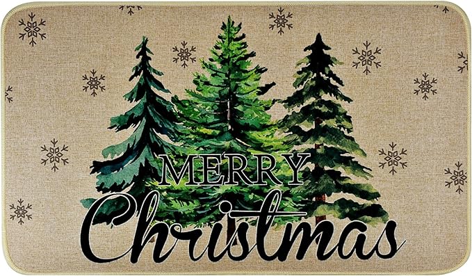 Merry Christmas Door Mat ,Pine Trees Snowflakes Welcome Doormat for Front Door,Non-Slip Winter Xmas Holiday Front Porch Rugs, Indoor Outdoor Entry Doormats Low-Profile Floor Mats,29 x 17 Inch