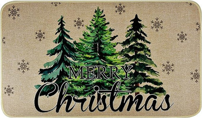 Merry Christmas Door Mat ,Pine Trees Snowflakes Welcome Doormat for Front Door,Non-Slip Winter Xmas Holiday Front Porch Rugs, Indoor Outdoor Entry Doormats Low-Profile Floor Mats,29 x 17 Inch