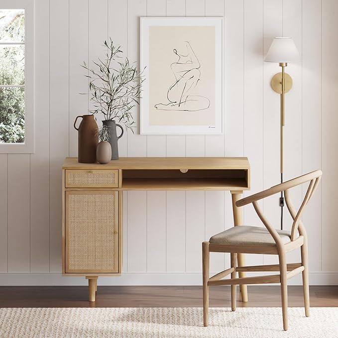 Nathan James Jacklyn Modern Home Office Writing Desk and Mina Rattan Wood End Side Accent Table Nightstand, Natural Brown and Oak/Black