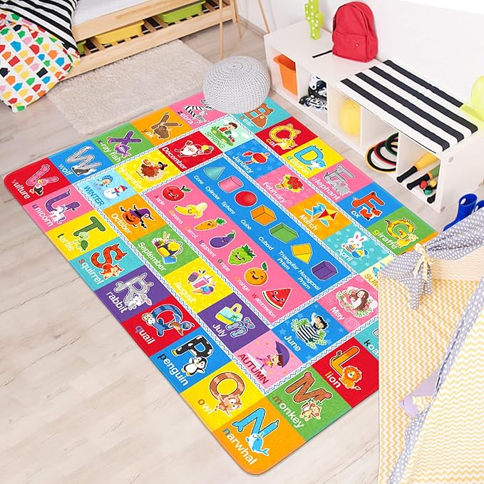 IMIKEYA Play Rugs Playroom Mat with Colorful Pattern, Playtime Collection ABC Alphabet, Seasons, Months, Fruit and Shapes Playmat Educational Rug for Kids Playroom Bedroom, 55 x 43.3 Inch