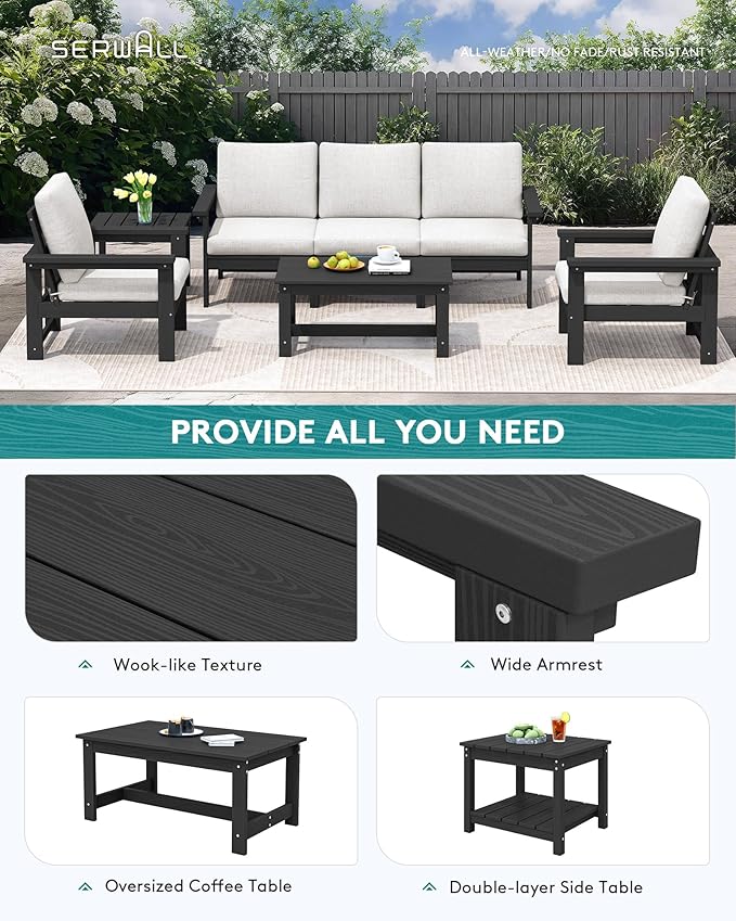 SERWALL HDPE Patio Coversation Set, 7-piece Outdoor Sectional Sofa Set, All Weather Patio Couch Set Patio Furniture for Balcony, Deck, Black Frame with Khaki Cushion