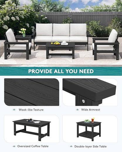 SERWALL HDPE Patio Coversation Set, 7-piece Outdoor Sectional Sofa Set, All Weather Patio Couch Set Patio Furniture for Balcony, Deck, Black Frame with Khaki Cushion