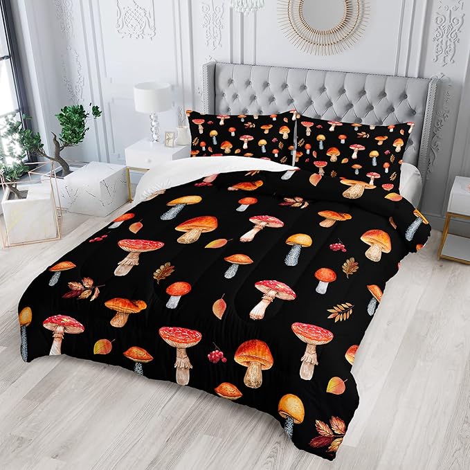 Colorful Mushroom Comforter Set Twin Size Kids Mushroom Bedding Set Leaves Quilt Bed Set for Boys Girls Adults with 1 Comforter and 2 Pillowcases