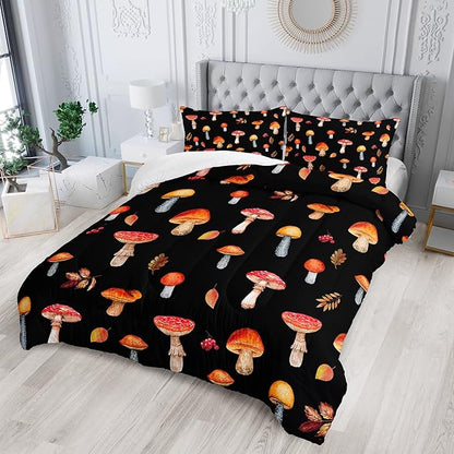 Colorful Mushroom Comforter Set Twin Size Kids Mushroom Bedding Set Leaves Quilt Bed Set for Boys Girls Adults with 1 Comforter and 2 Pillowcases