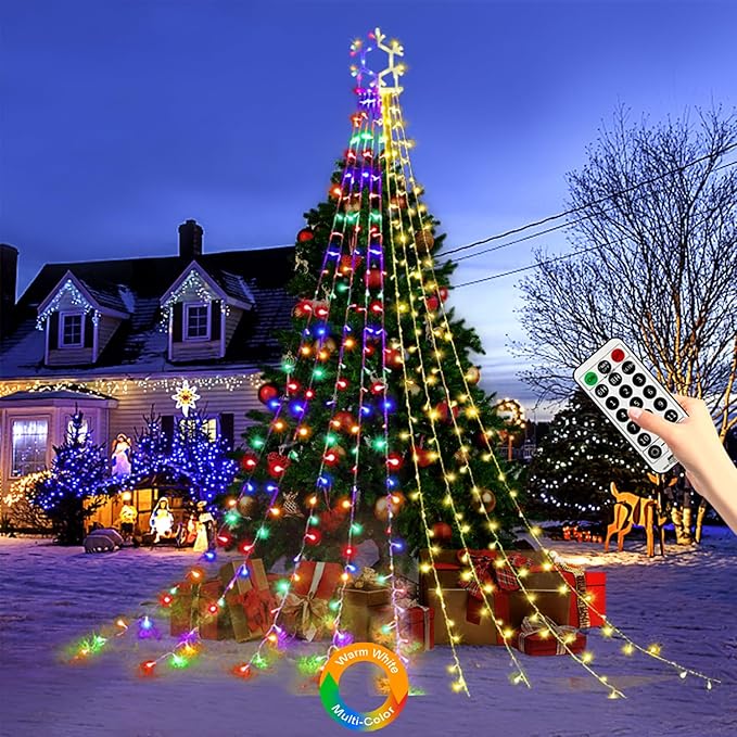 PUHONG Christmas Decorations, 320 LED Outdoor String Lights, Snowflakes Hanging Christmas Tree Topper Lights with 11 Modes for Holiday, Wedding, Party, Yard Decor (Warm White&Multicolored)