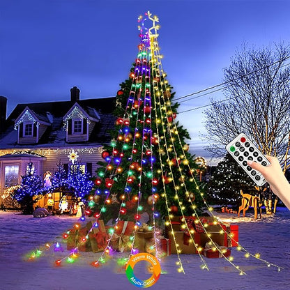 PUHONG Christmas Decorations, 320 LED Outdoor String Lights, Snowflakes Hanging Christmas Tree Topper Lights with 11 Modes for Holiday, Wedding, Party, Yard Decor (Warm White&Multicolored)