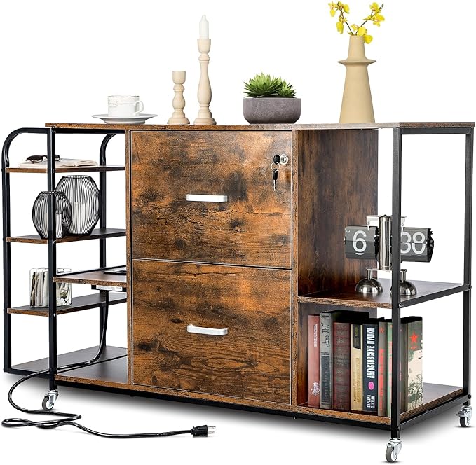 Lateral File Cabinet, 2 Drawer Mobile Filing Cabinet with Outlet, Open Storage Side Shelves, Locking Drawer Fits A4/Letter/Legal Size File Cabinets for Home Office, Brown