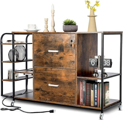 Lateral File Cabinet, 2 Drawer Mobile Filing Cabinet with Outlet, Open Storage Side Shelves, Locking Drawer Fits A4/Letter/Legal Size File Cabinets for Home Office, Brown