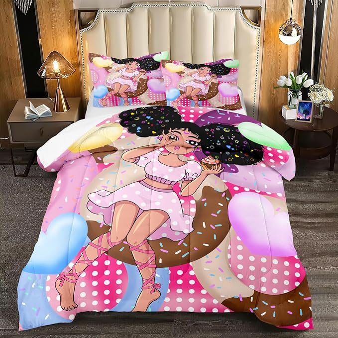 African American Girl Comforter Set Black Girl Comforter Set Princess Bedding with Donut Girl Prints Kids Comforter Sets Gifts for Girls Bedroom Decor Pink Full Size Quilt Sets with 2 Pillowcases