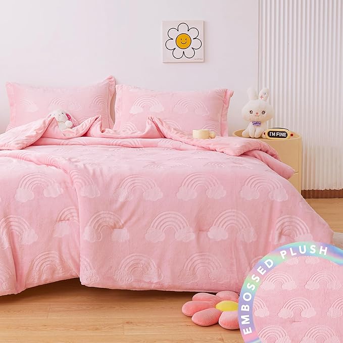 Mooreeke Twin Kids Comforter Bed Set, Embossed Plush Fleece Soft & Warm 2 Piece Bed in A Bag with Shams, Velour Velvet Pink Rainbow Girls Kids Bedding Set, Fluffy Fuzzy Polar Cozy and Stylish