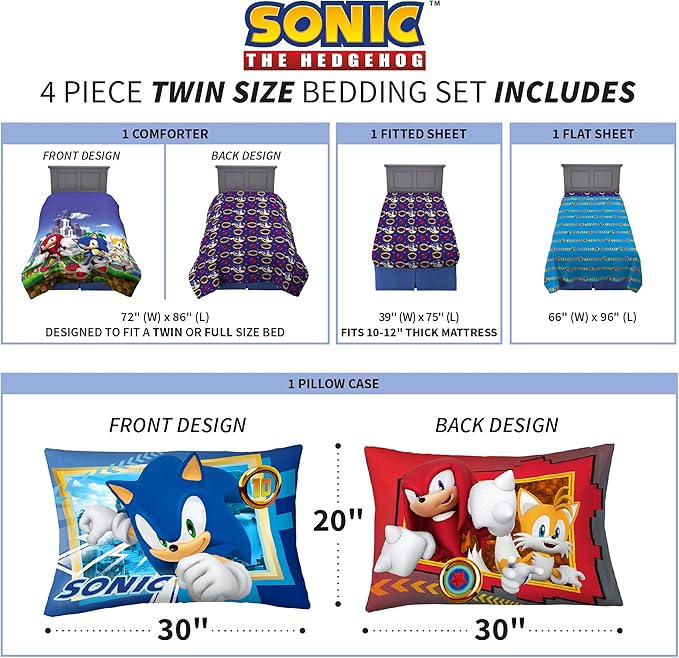 Franco Kids Bedding Super Soft Comforter and Sheet Set, 4 Piece Twin Size, Sonic The Hedgehog, Anime