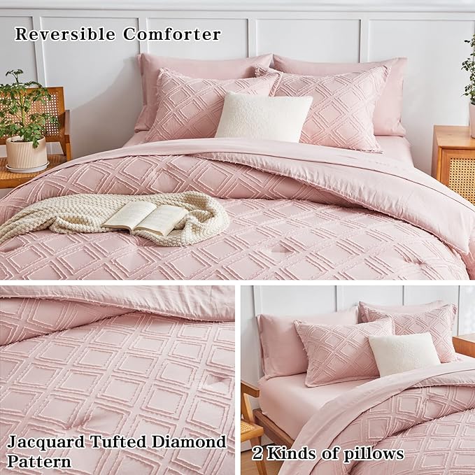 7 Pieces Tufted Bed in a Bag Queen Comforter Set with Sheets Blush, Soft and Embroidery Shabby Chic Boho Bohemian, Luxury Solid Color with Diamond Pattern, Jacquard Tufts Bedding Set for All Season
