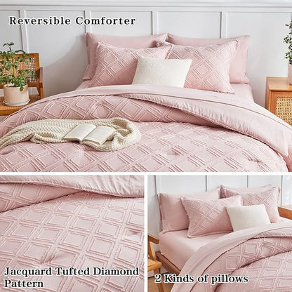 7 Pieces Tufted Bed in a Bag King Comforter Set with Sheets Blush, Soft and Embroidery Shabby Chic Boho Bohemian, Luxury Solid Color with Diamond Pattern, Jacquard Tufts Bedding Set for All Season