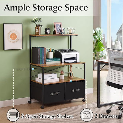 VECELO Mobile Lateral File Cabinet Rolling Printer Stand with 3 Open Storage Shelf, Ideal for Letter Size Folders, with Lockable Casters, Strong Steel Frame, Perfect for Office, 2 Drawer, Brown+Black