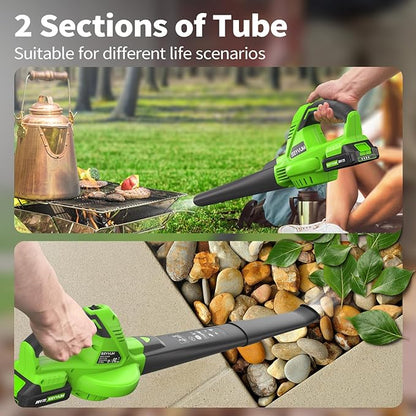 SEYVUM Leaf Blower, 20V Cordless Leaf Blower with 2 Pcs Battery, Electric Leaf Blower for Lawn Care, 320CFM 150MPH Battery Powered Leaf Blower, for Patio, Garden Cleaning, Fast Charger Included, Green