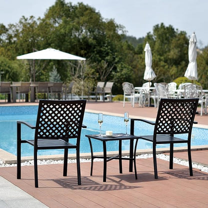 3 Piece Iron Bistro Set Stackable Outdoor Patio Furniture Set with 2 Large Comfortable Porch Chairs and Metal Coffee Table, Black