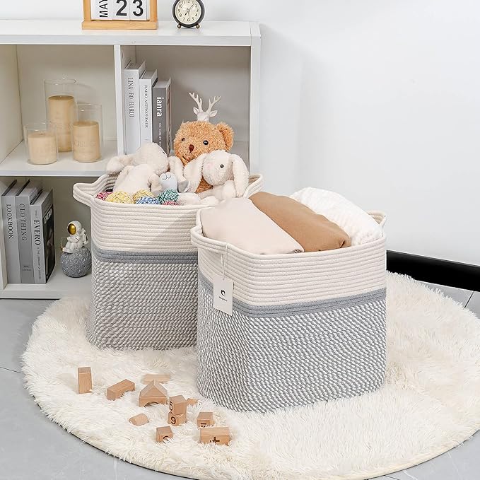 Medium and Large Woven Basket/With Handle, Baskets Laundry Hamper Wicker Tall Cotton Toy Storage Basket,Decorative Basket for Living room,Basket for Toys, 2bag