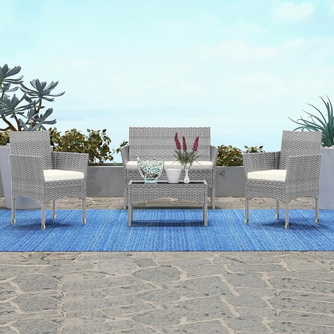 Patio Furniture, 4 Piece Conversation Set, Outdoor Wicker Rattan Table and Chairs, Sectional Sofa with Thick Cushion for Garden, Yard, or Porch, Grey