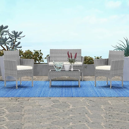 Patio Furniture, 4 Piece Conversation Set, Outdoor Wicker Rattan Table and Chairs, Sectional Sofa with Thick Cushion for Garden, Yard, or Porch, Grey