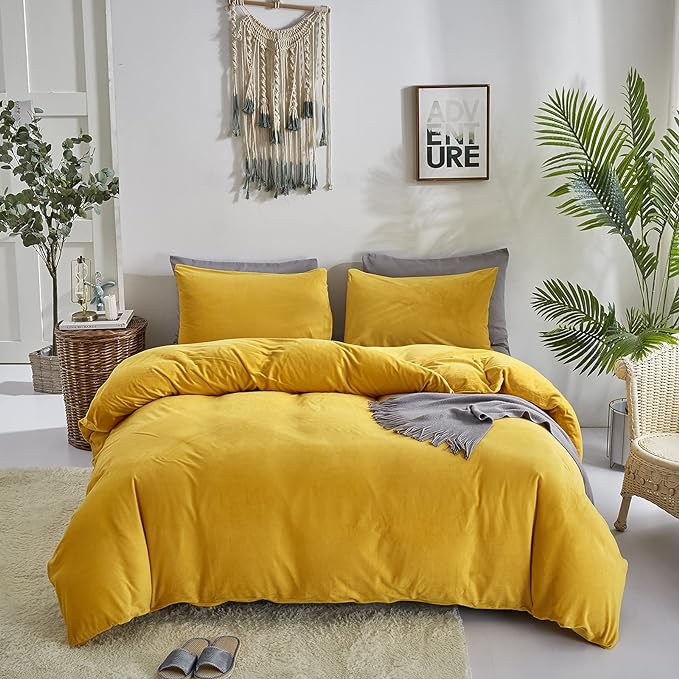 Wellboo Yellow Velvet Comforter Sets Twin Solid Mustard Yellow Fluffy Bedding Comforters Women Girls Plain Turmeric Yellow Sherpa Quilts Dark Yellow Soft Warm Winter Bed Blankets Luxlury Yellow Bed