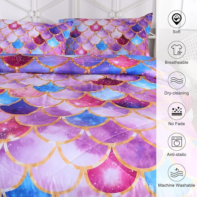 ENCOFT Girls Comforter Sets Full Size, Pink and Purple 3D Mermaid Scale Comforter Set 3 Pieces with Pillow Shams, No Sheet, Full Size Kids Bedding Set, Girls Bedroom Decor
