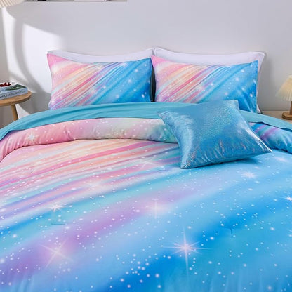 Btargot Super Soft 6 Pieces Gradient Star Ring Comforter Set, Colorful Glitter Rainbow Star Pattern Bedding Set for Boys Girls Teens, Queen Light Blue