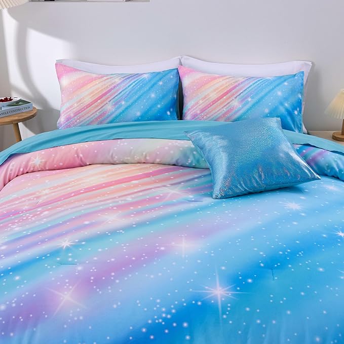 Btargot Super Soft 6 Pieces Gradient Star Ring Comforter Set, Colorful Glitter Rainbow Star Pattern Bedding Set for Boys Girls Teens, Twin Light Blue