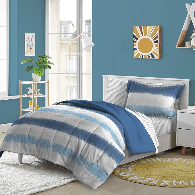 Dream Factory Kids 5-Piece Complete Bed Set Easy-Wash Super Soft Microfiber Comforter Bedding, Twin, Blue Tie Dye Stripe,2D872901BL