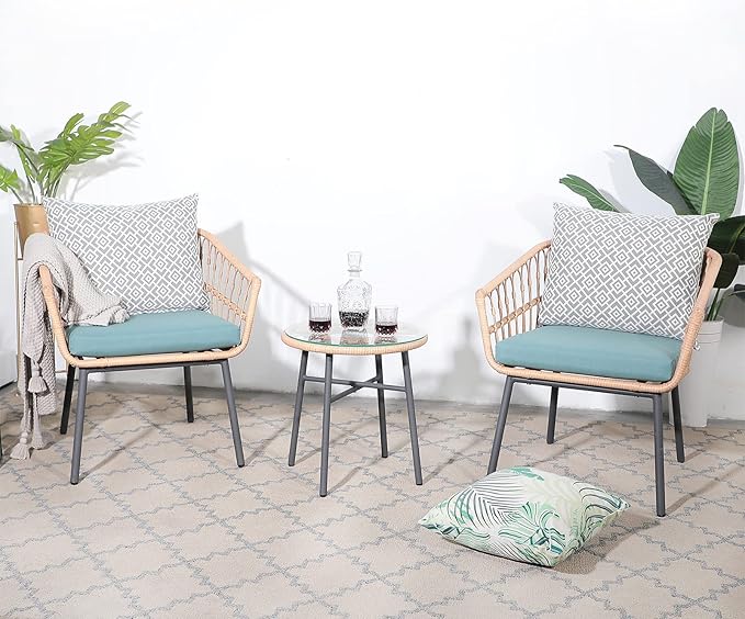 3 Piece Patio Furniture Outdoor Conversation Bistro Set with Tempered Coffee Table and Wicker Chairs for Garden Balcony Backyard Yard Poolside (Green)