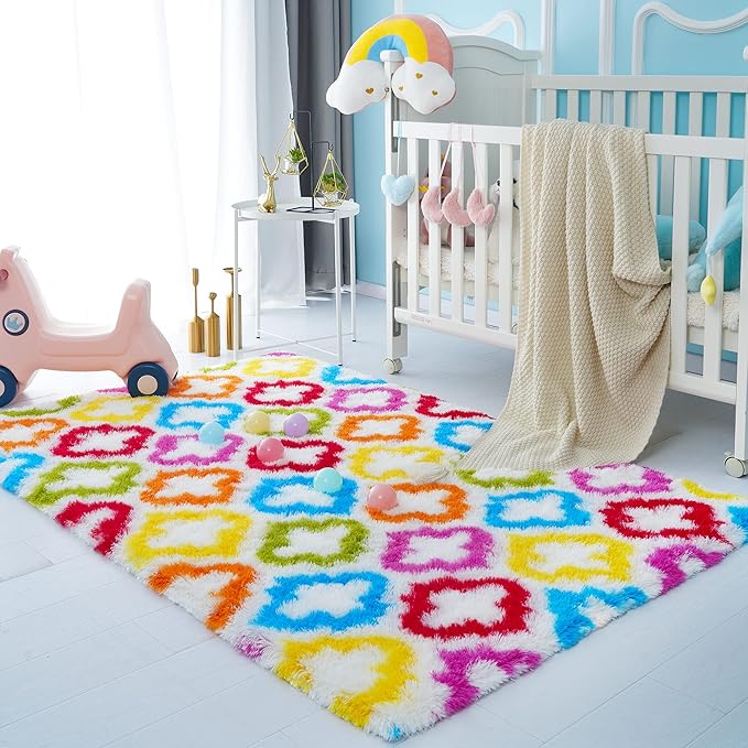 Tepook Fluffy Colorful Rug for Kids, Shaggy Soft Rainbow Area Rugs for Girls Bedroom, Indoor Modern Geometric Moroccan Rugs Plush Girls Kids Rug for Playroom Teens Room Nursery Home Decor, 3 X 5 ft