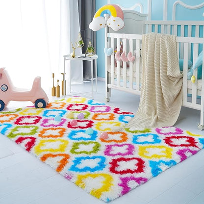 Tepook Fluffy Colorful Rug for Kids, Shaggy Soft Rainbow Area Rugs for Girls Bedroom, Indoor Modern Geometric Moroccan Rugs Plush Girls Kids Rug for Playroom Teens Room Nursery Home Decor, 3 X 5 ft