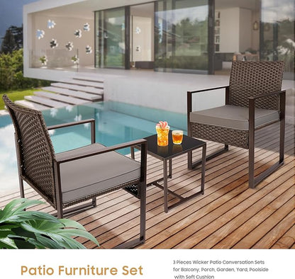YIYAN 3 Pieces Outdoor Furniture Set Patio Rattan Wicker Chairs & teatable,Lawn Garden Balcony Backyard,with Washable Cushion (Gray)