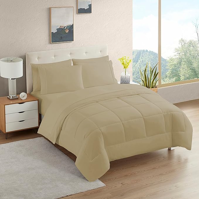 Dorm Room Essentials College Bedding Comforter Set 7 Piece Full Size Bed in a Bag for College Students Boys and Girls, Full, Taupe