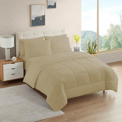 Dorm Room Essentials College Bedding Comforter Set 7 Piece Full Size Bed in a Bag for College Students Boys and Girls, Full, Taupe