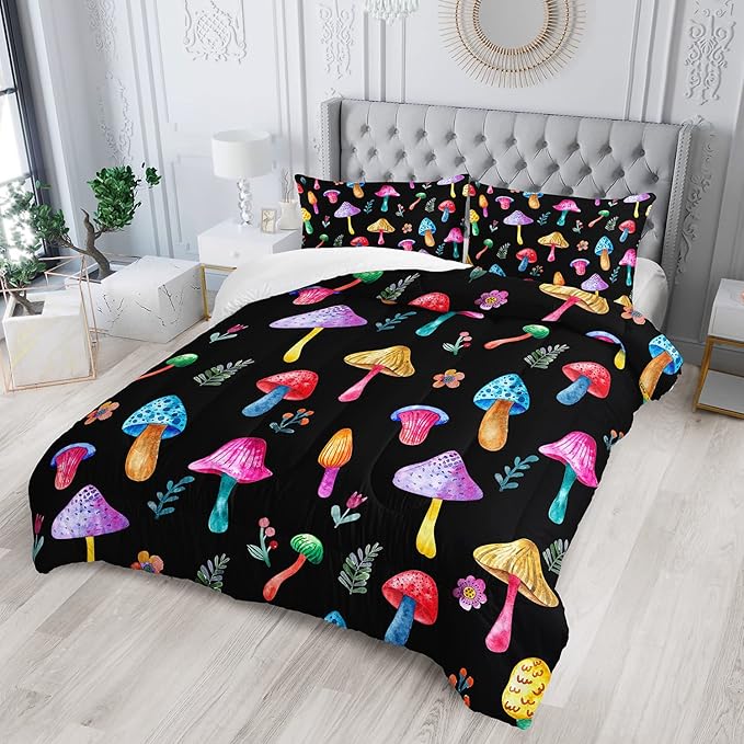 Colorful Mushroom Comforter Set Twin Size Kids Mushroom Flora Bedding Set Botanical Plant Theme Print Quilt Bed Set for Boys Girls Adults with 1 Comforter and 2 Pillowcases