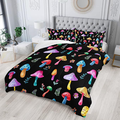 Colorful Mushroom Comforter Set Twin Size Kids Mushroom Flora Bedding Set Botanical Plant Theme Print Quilt Bed Set for Boys Girls Adults with 1 Comforter and 2 Pillowcases