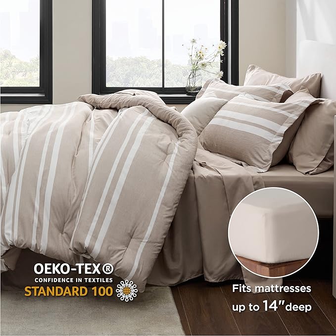 Bedsure Bed in a Bag Full Size 7 Pieces, Light Camel White Striped Bedding Comforter Sets All Season Bed Set, 2 Pillow Shams, Flat Sheet, Fitted Sheet and 2 Pillowcases
