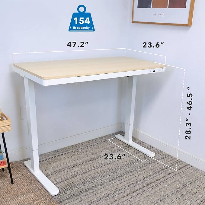 Mount-It! 47.2" Wide x 28.3" Deep Electric Height Adjustable Desk, Ergonomic Standing Workspace, Height Adjustment up to 46.5" Tall, Large Desktop, USB Ports, Drawer, Home Office, White, Maple Top