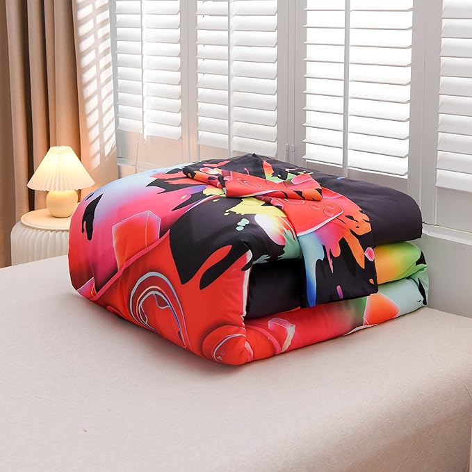 Aimuan Gaming Comforter Sets for Boys Kids Bedding Sets Video Games Console Action Buttons Novelty Colorful Game Gamepad Controller Modern Gamer Room Decor Home Quilt Set (Queen, Black)