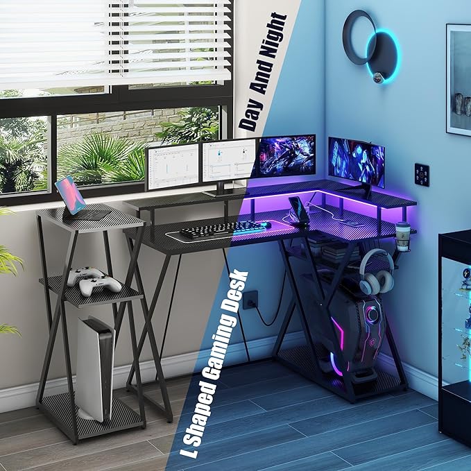 47 Inch L Shaped Gaming Desk L Desk Gaming Desk with Led Lights Computer Desk with Power Outlets Gaming Table Corner Desk for Bedroom Small Desk for Home Office,Black