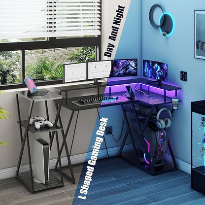 47 Inch L Shaped Gaming Desk L Desk Gaming Desk with Led Lights Computer Desk with Power Outlets Gaming Table Corner Desk for Bedroom Small Desk for Home Office,Black
