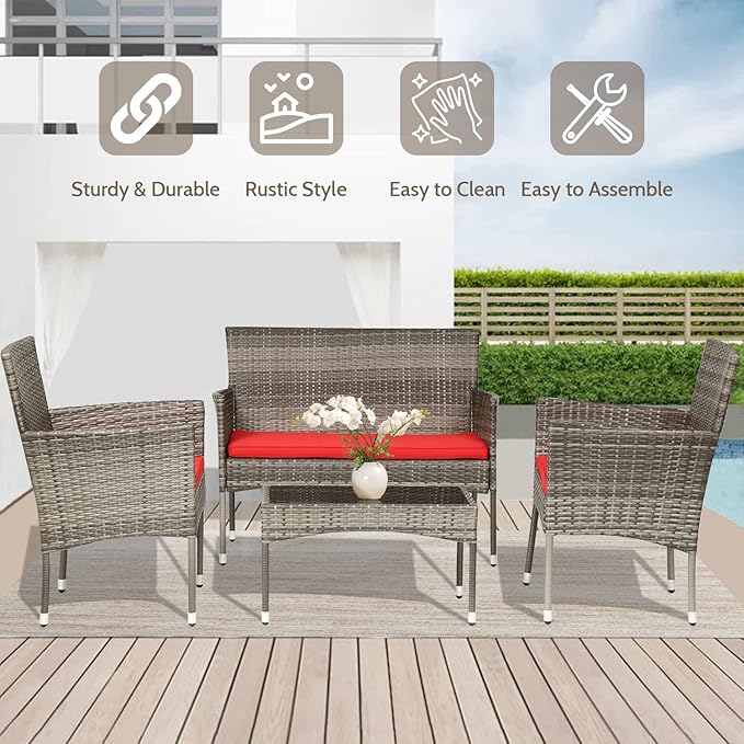 FDW 4 Pieces Outdoor Furniture Set Patio Conversation Set Wicker with Rattan Chair Loveseats Coffee Table for Outdoor Indoor Garden Backyard Porch Poolside Balcony,Gray Wicker/Red Cushions