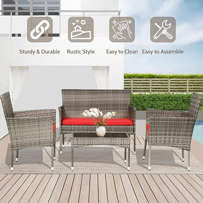 FDW 4 Pieces Outdoor Furniture Set Patio Conversation Set Wicker with Rattan Chair Loveseats Coffee Table for Outdoor Indoor Garden Backyard Porch Poolside Balcony,Gray Wicker/Red Cushions